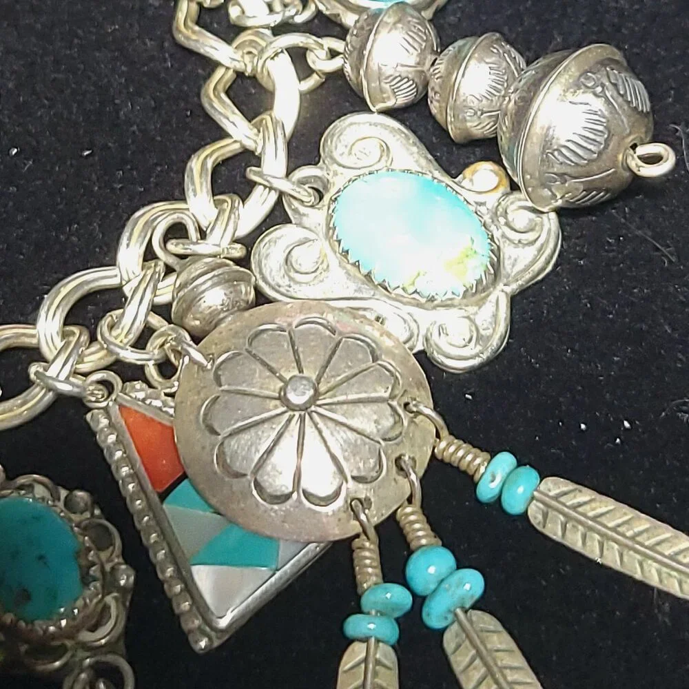 NAVAJO, HOPI, ZUNI & PAWN Turquoise Spiny Oyster, Lapis, Coral CHARM BRACELET - Picture 5 of 12